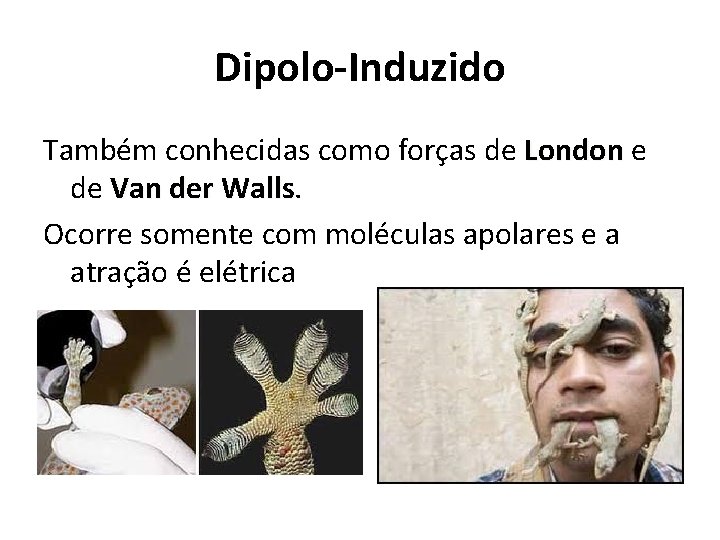 Dipolo-Induzido Também conhecidas como forças de London e de Van der Walls Ocorre somente