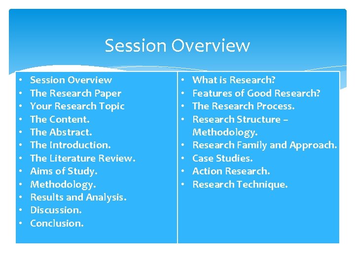 Session Overview • • • Session Overview The Research Paper Your Research Topic The Session Overview • • • Session Overview The Research Paper Your Research Topic The