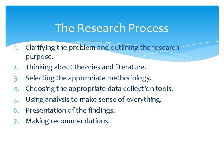 The Research Process 1. Clarifying the problem and outlining the research purpose. 2. Thinking The Research Process 1. Clarifying the problem and outlining the research purpose. 2. Thinking