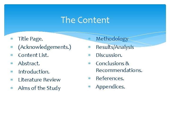 The Content Title Page. (Acknowledgements. ) Content List. Abstract. Introduction. Literature Review Aims of The Content Title Page. (Acknowledgements. ) Content List. Abstract. Introduction. Literature Review Aims of