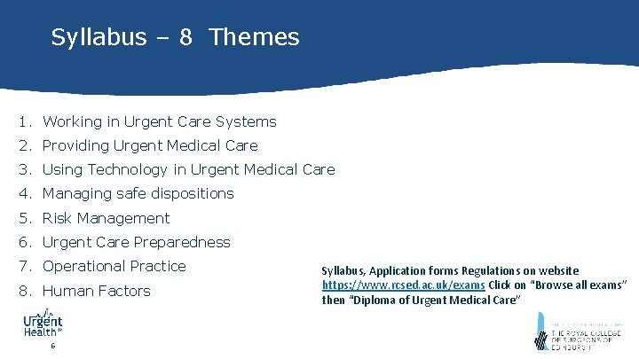 Syllabus – 8 Themes 1. Working in Urgent Care Systems 2. Providing Urgent Medical