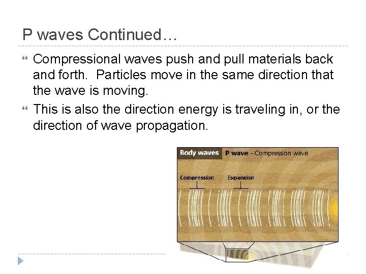 P waves Continued… Compressional waves push and pull materials back and forth. Particles move