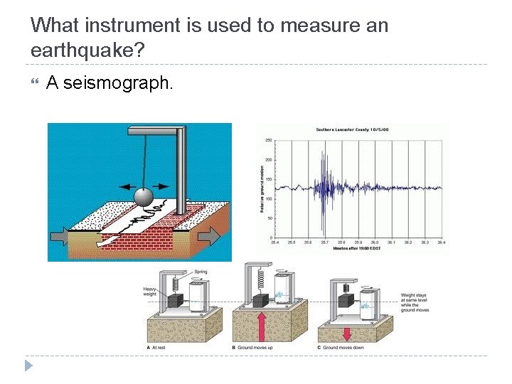What instrument is used to measure an earthquake? A seismograph. 