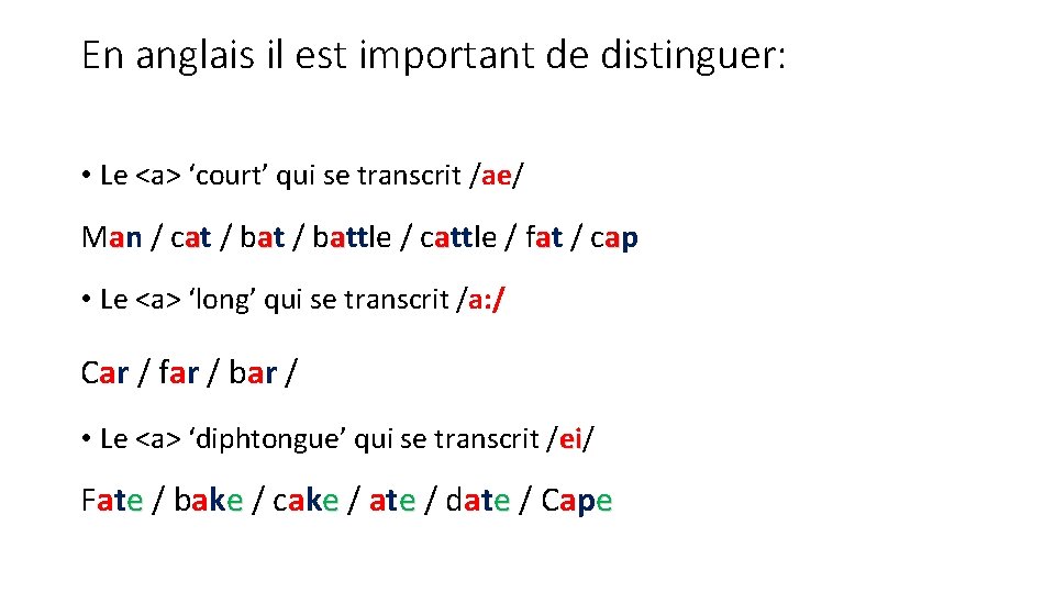 En anglais il est important de distinguer: • Le <a> ‘court’ qui se transcrit