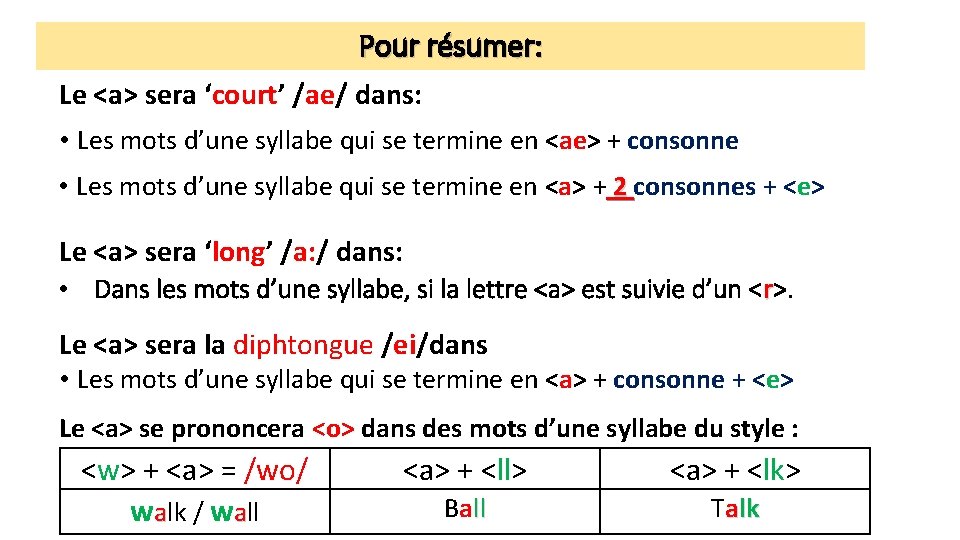 Pour résumer: Le <a> sera ‘court’ /ae/ dans: • Les mots d’une syllabe qui