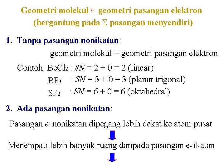 Geometri molekul ⇐ geometri pasangan elektron (bergantung pada Σ pasangan menyendiri) 1. Tanpa pasangan Geometri molekul ⇐ geometri pasangan elektron (bergantung pada Σ pasangan menyendiri) 1. Tanpa pasangan
