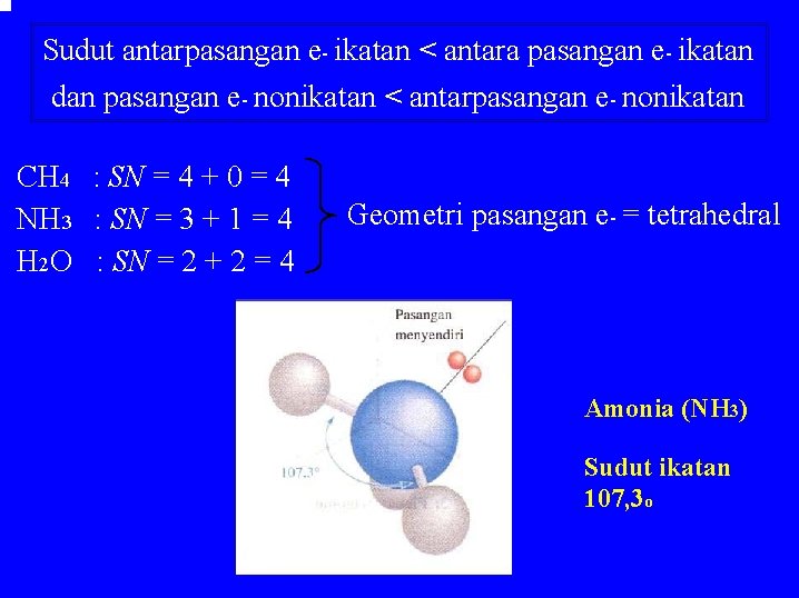 Sudut antarpasangan e- ikatan < antara pasangan e- ikatan dan pasangan e- nonikatan < Sudut antarpasangan e- ikatan < antara pasangan e- ikatan dan pasangan e- nonikatan <