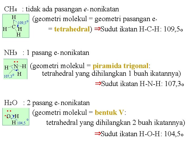 CH 4 : tidak ada pasangan e- nonikatan H (geometri molekul = geometri pasangan CH 4 : tidak ada pasangan e- nonikatan H (geometri molekul = geometri pasangan