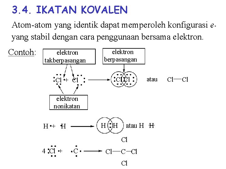 3. 4. IKATAN KOVALEN Atom-atom yang identik dapat memperoleh konfigurasi eyang stabil dengan cara 3. 4. IKATAN KOVALEN Atom-atom yang identik dapat memperoleh konfigurasi eyang stabil dengan cara
