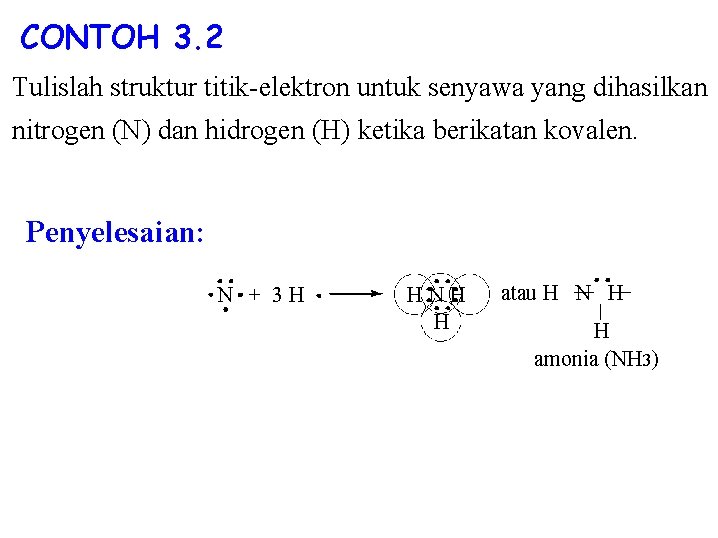 CONTOH 3. 2 Tulislah struktur titik-elektron untuk senyawa yang dihasilkan nitrogen (N) dan hidrogen CONTOH 3. 2 Tulislah struktur titik-elektron untuk senyawa yang dihasilkan nitrogen (N) dan hidrogen