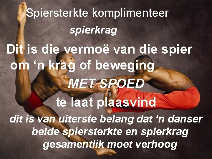 Spiersterkte komplimenteer spierkrag Dit is die vermoë van die spier om ‘n krag of