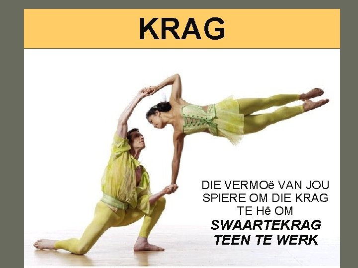 KRAG DIE VERMOë VAN JOU SPIERE OM DIE KRAG TE Hê OM SWAARTEKRAG TEEN