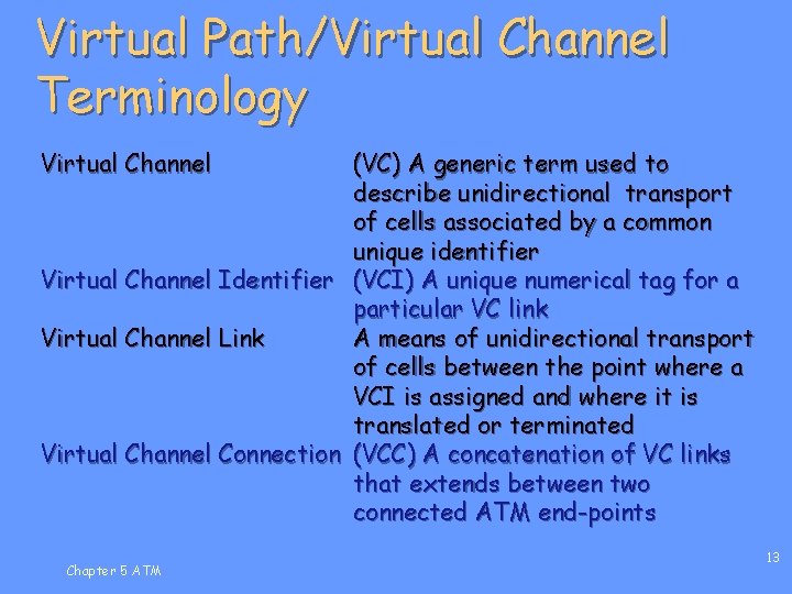 Virtual Path/Virtual Channel Terminology Virtual Channel (VC) A generic term used to describe unidirectional