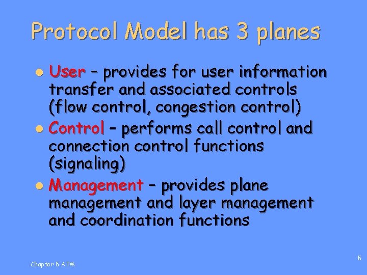 Protocol Model has 3 planes User – provides for user information transfer and associated