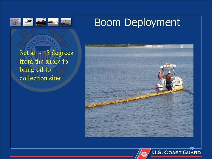 Boom Deployment Set at ~ 45 degrees from the shore to bring oil to