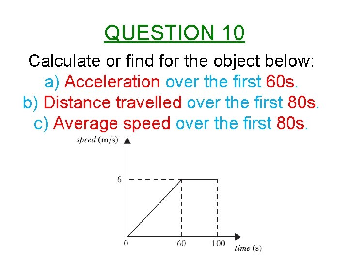 QUESTION 10 Calculate or find for the object below: a) Acceleration over the first