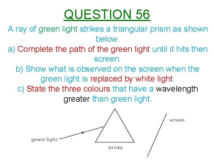 QUESTION 56 A ray of green light strikes a triangular prism as shown below.