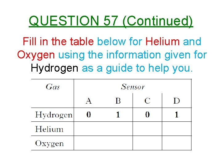 QUESTION 57 (Continued) Fill in the table below for Helium and Oxygen using the