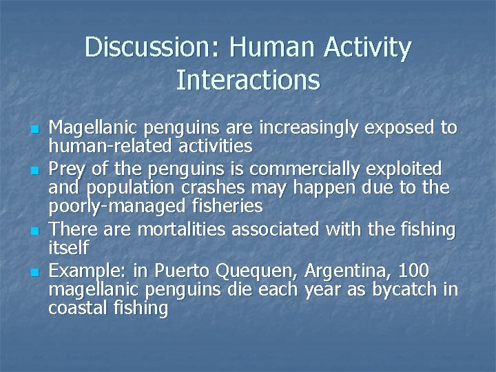 Discussion: Human Activity Interactions n n Magellanic penguins are increasingly exposed to human-related activities