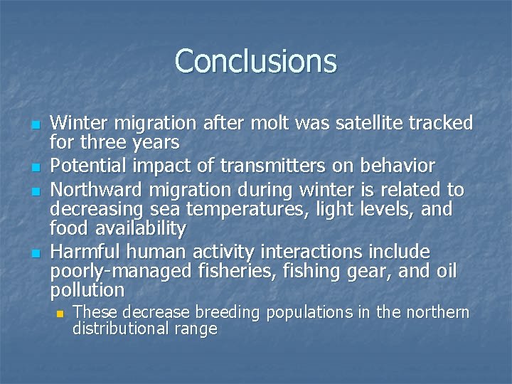 Conclusions n n Winter migration after molt was satellite tracked for three years Potential