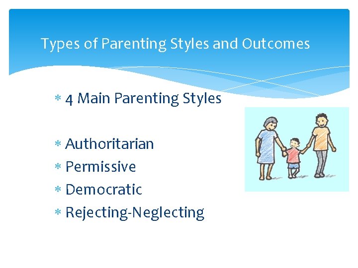 Types of Parenting Styles and Outcomes 4 Main Parenting Styles Authoritarian Permissive Democratic Rejecting-Neglecting