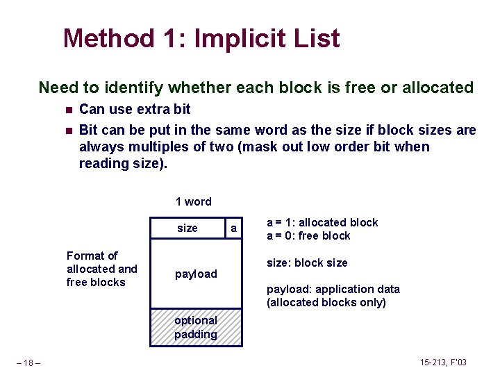 Method 1: Implicit List Need to identify whether each block is free or allocated