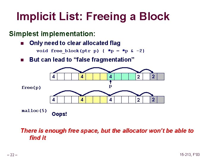 Implicit List: Freeing a Block Simplest implementation: n Only need to clear allocated flag