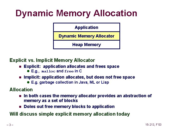 Dynamic Memory Allocation Application Dynamic Memory Allocator Heap Memory Explicit vs. Implicit Memory Allocator