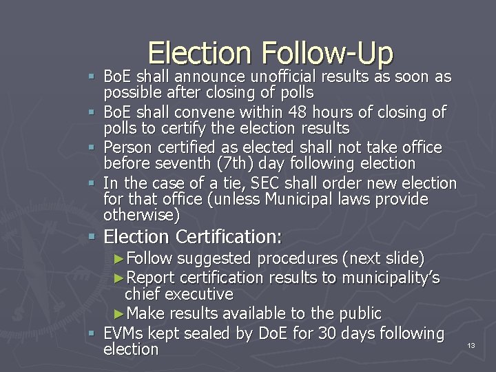 Election Follow-Up § Bo. E shall announce unofficial results as soon as possible after