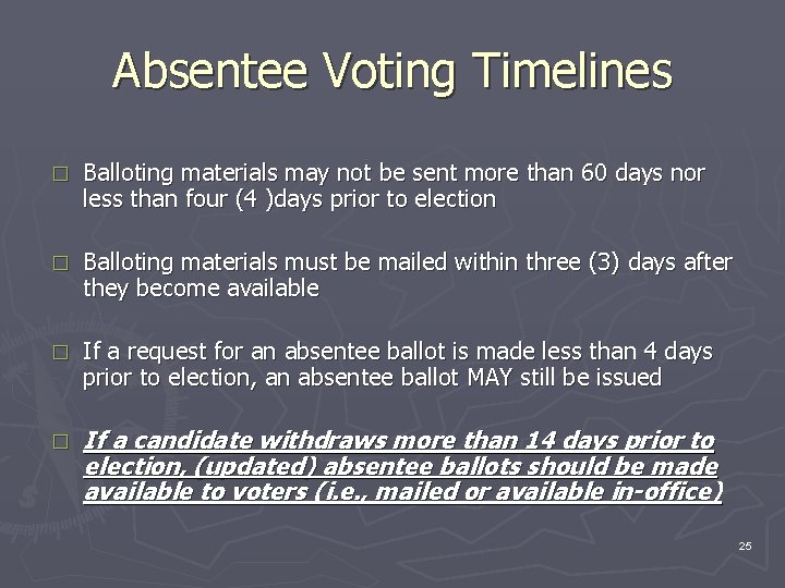 Absentee Voting Timelines � Balloting materials may not be sent more than 60 days