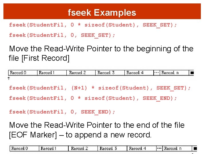 fseek Examples fseek(Student. Fil, 0 * sizeof(Student), SEEK_SET); fseek(Student. Fil, 0, SEEK_SET); Move the
