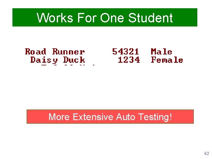 Works For One Student More Extensive Auto Testing! 62 