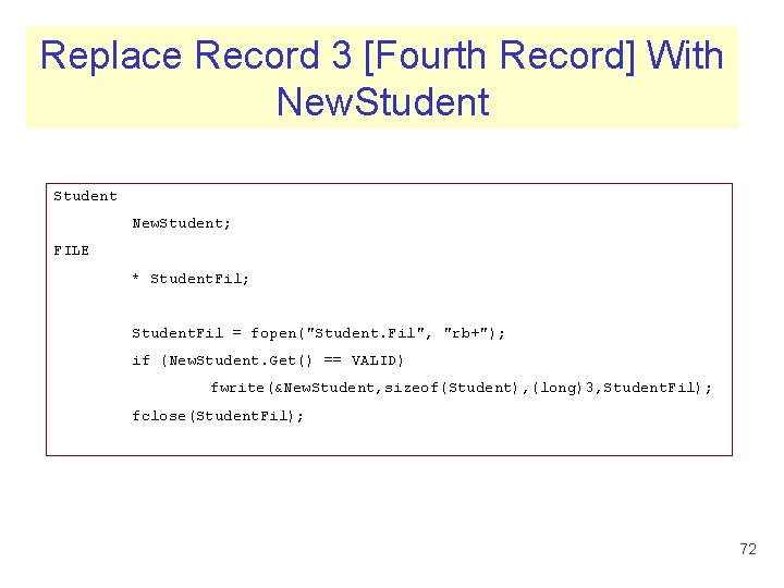 Replace Record 3 [Fourth Record] With New. Student; FILE * Student. Fil; Student. Fil