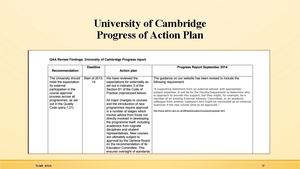 University of Cambridge Progress of Action Plan TUMS. GSIA 17 