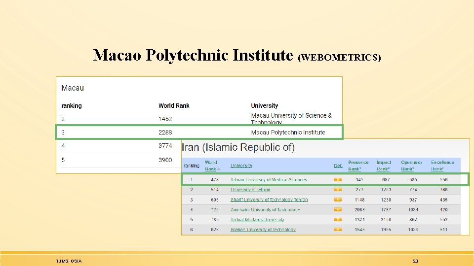 Macao Polytechnic Institute (WEBOMETRICS) TUMS. GSIA 20 