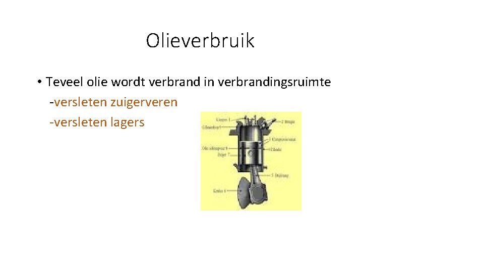 Olieverbruik • Teveel olie wordt verbrand in verbrandingsruimte -versleten zuigerveren -versleten lagers 