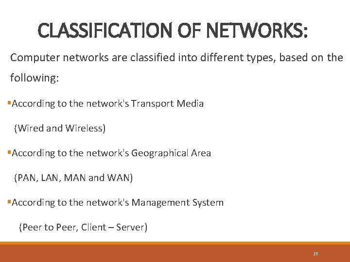 CLASSIFICATION OF NETWORKS: Computer networks are classified into different types, based on the following: