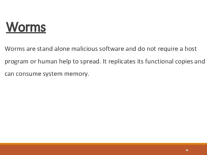 Worms are stand alone malicious software and do not require a host program or