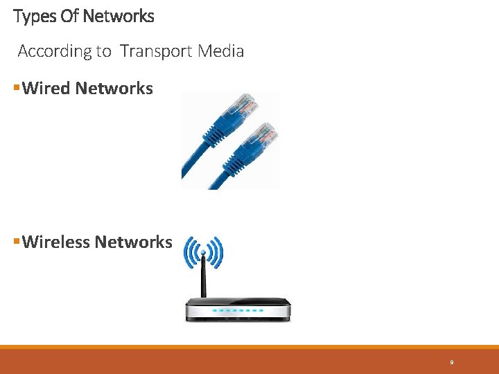 Types Of Networks According to Transport Media §Wired Networks §Wireless Networks 9 