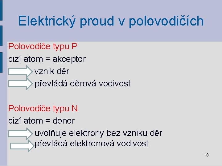 Elektrický proud v polovodičích Polovodiče typu P cizí atom = akceptor vznik děr převládá