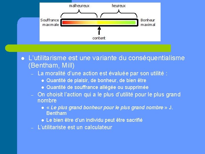 l L’utilitarisme est une variante du conséquentialisme (Bentham, Mill) – La moralité d’une action