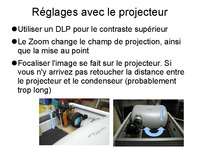 Réglages avec le projecteur Utiliser un DLP pour le contraste supérieur Le Zoom change