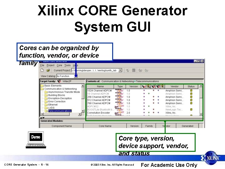 Xilinx CORE Generator System GUI Cores can be organized by function, vendor, or device