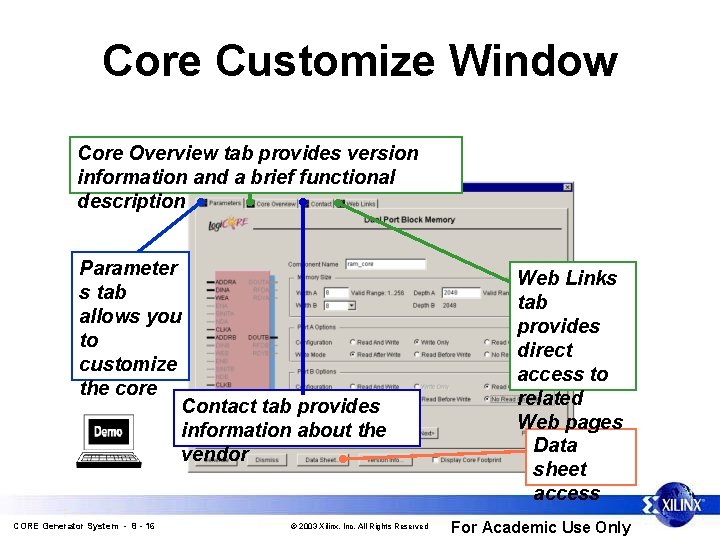 Core Customize Window Core Overview tab provides version information and a brief functional description