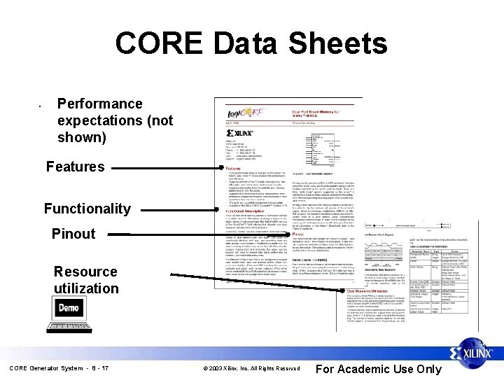 CORE Data Sheets • Performance expectations (not shown) Features Functionality Pinout Resource utilization CORE