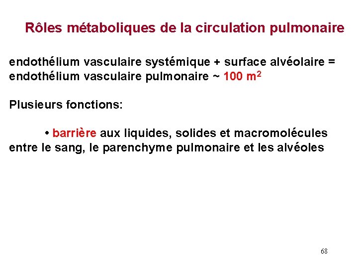 Rôles métaboliques de la circulation pulmonaire endothélium vasculaire systémique + surface alvéolaire = endothélium Rôles métaboliques de la circulation pulmonaire endothélium vasculaire systémique + surface alvéolaire = endothélium
