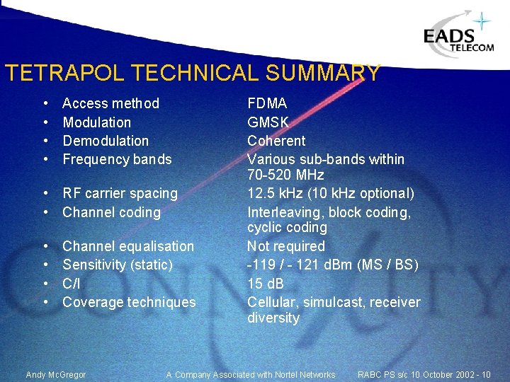 TETRAPOL TECHNICAL SUMMARY • • Access method Modulation Demodulation Frequency bands • RF carrier TETRAPOL TECHNICAL SUMMARY • • Access method Modulation Demodulation Frequency bands • RF carrier