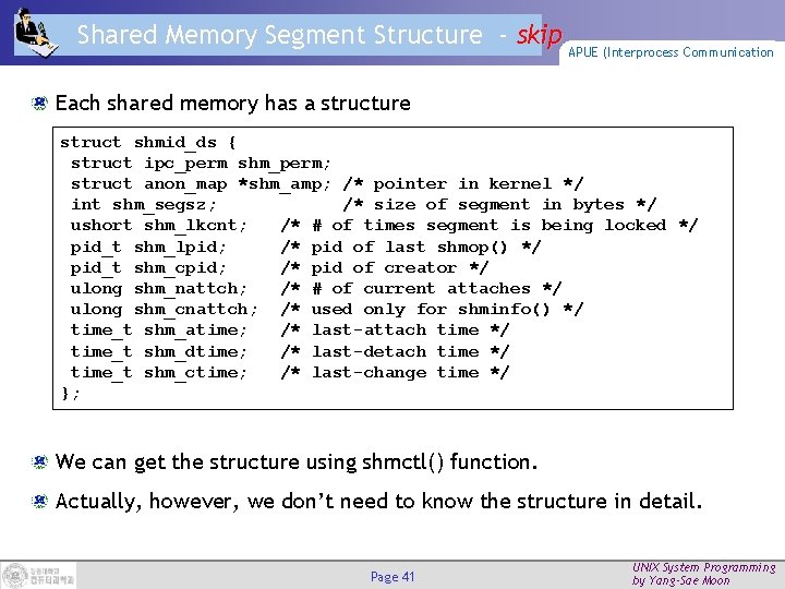 Shared Memory Segment Structure - skip APUE (Interprocess Communication Each shared memory has a