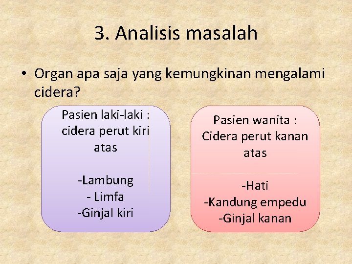 3. Analisis masalah • Organ apa saja yang kemungkinan mengalami cidera? Pasien laki-laki :