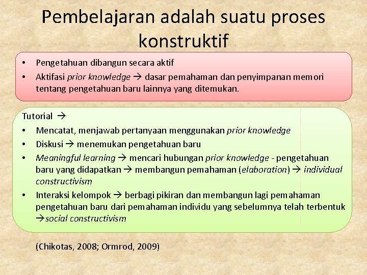 Pembelajaran adalah suatu proses konstruktif • • Pengetahuan dibangun secara aktif Aktifasi prior knowledge